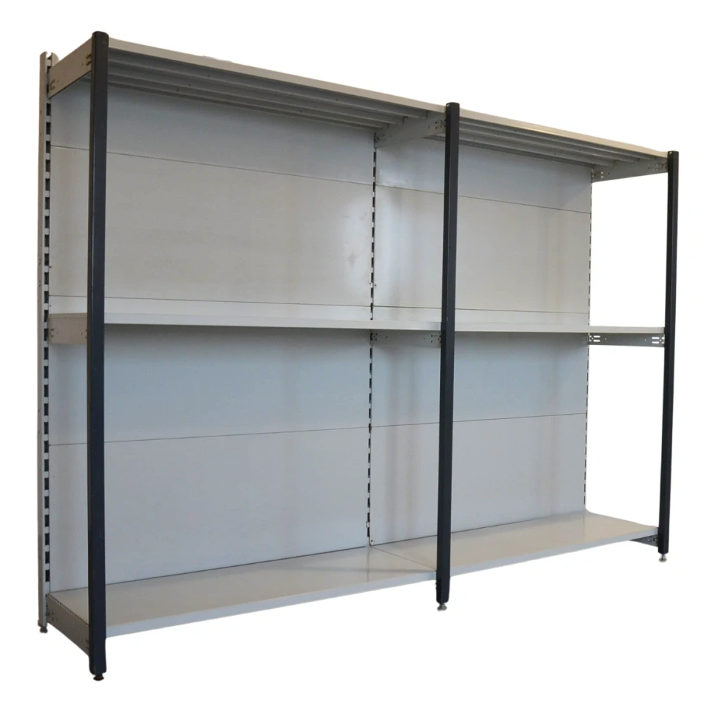 Regál jednostranný kovový – 190 × 250 × 59 cm – 3 police – se zády – barvený pozink – samonosný – vysoká nosnost – Linde