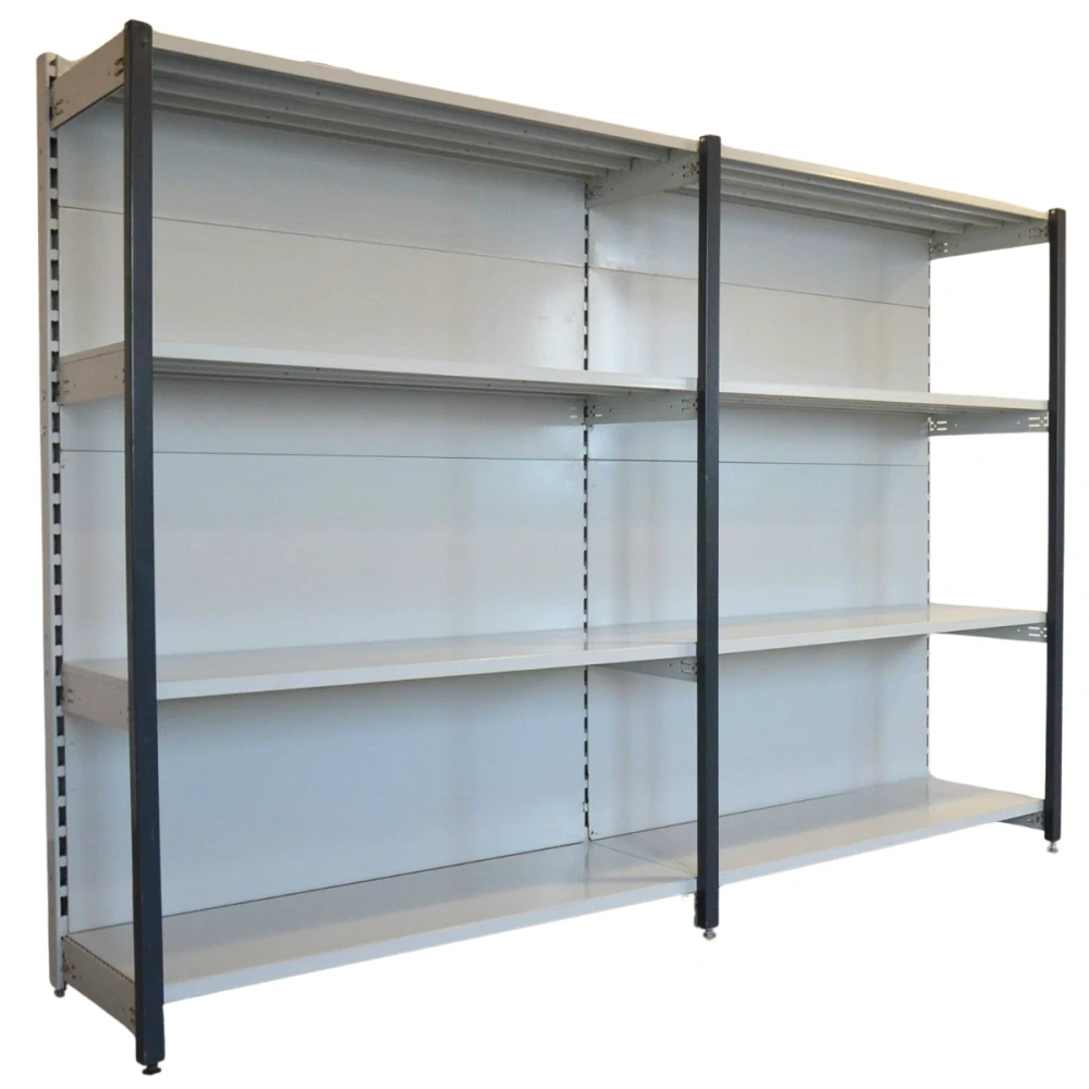 Regál jednostranný kovový – 190 x 250 x 59 cm – 4 police – se zády – barvený pozink – samonosný – vysoká nosnost – Linde