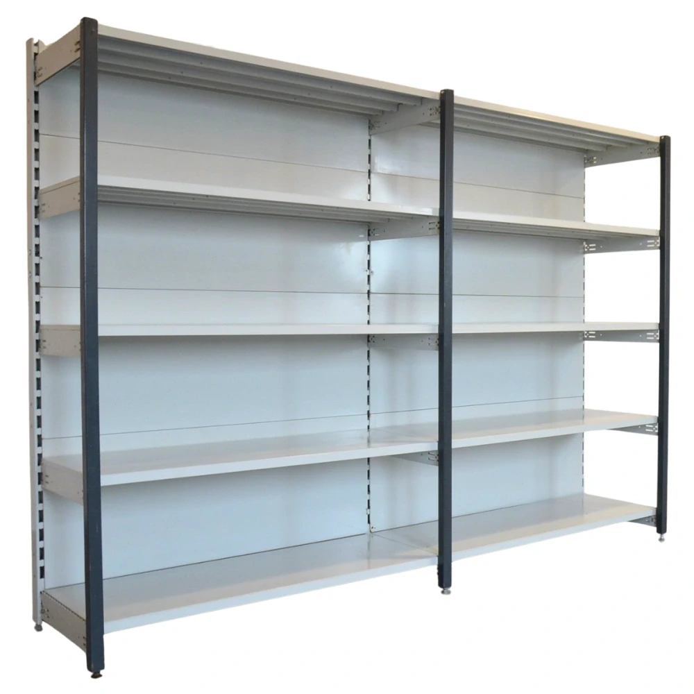 Regál jednostranný kovový – 190 x 250 x 59 cm – 5 polic – se zády – barvený pozink – samonosný – vysoká nosnost – Linde