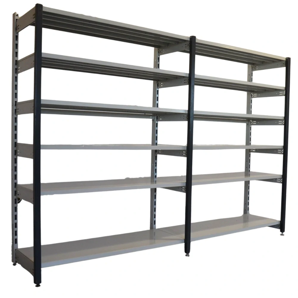 Regál jednostranný kovový – 190 x 250 x 59 cm – 6 polic – bez zad – barvený pozink – samonosný – vysoká nosnost – Linde