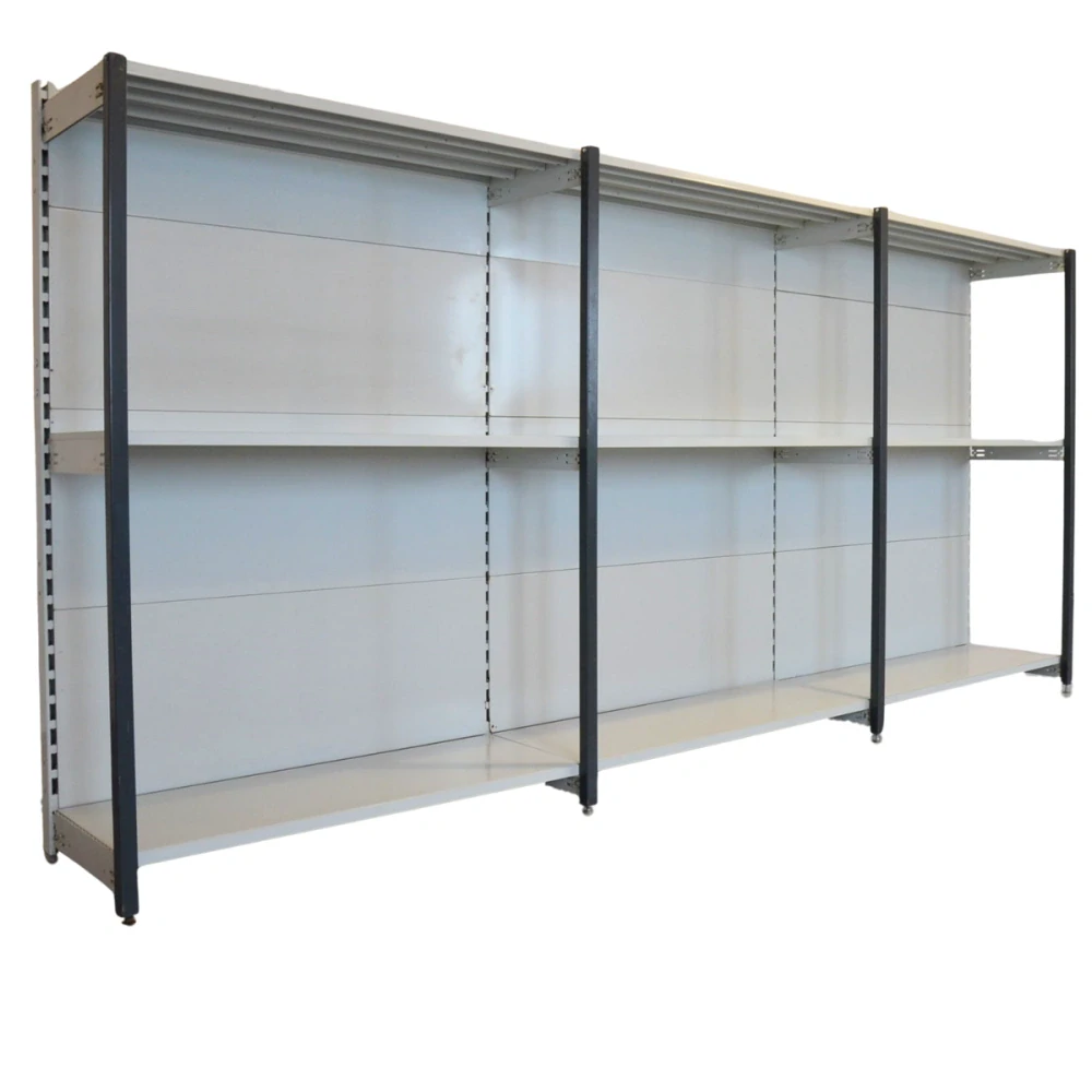Regál jednostranný kovový – 190 x 375 x 59 cm – 3 police – se zády – barvený pozink – samonosný – vysoká nosnost – Linde