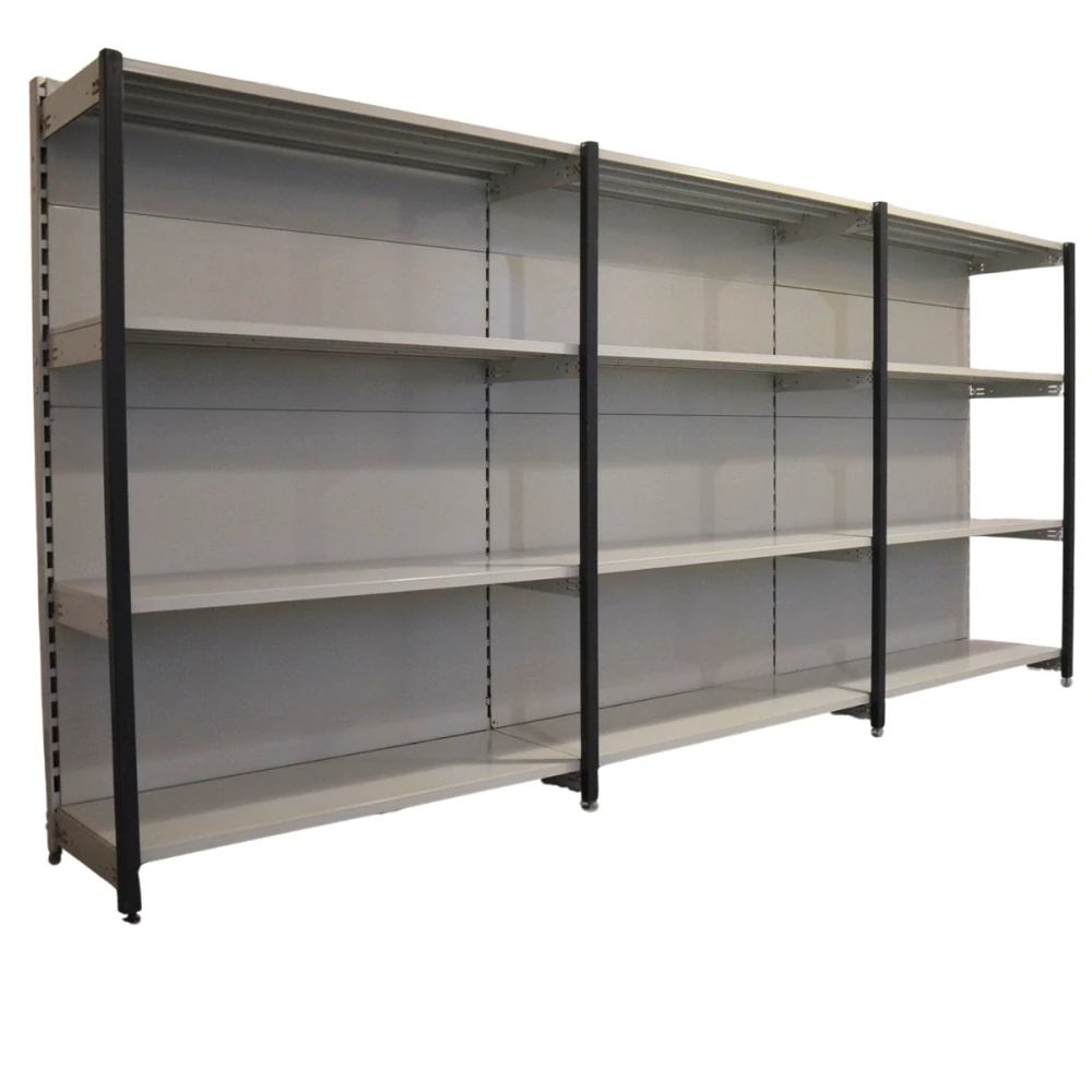Regál jednostranný kovový – 190 x 375 x 59 cm – 4 police – se zády – barvený pozink – samonosný – vysoká nosnost – Linde