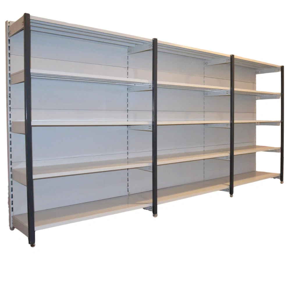 Regál jednostranný kovový – 190 x 375 x 59 cm – 5 polic – se zády – barvený pozink – samonosný – vysoká nosnost – Linde