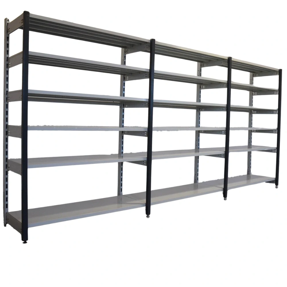 Regál jednostranný kovový – 190 x 375 x 59 cm – 6 polic – bez zad – barvený pozink – samonosný – vysoká nosnost – Linde