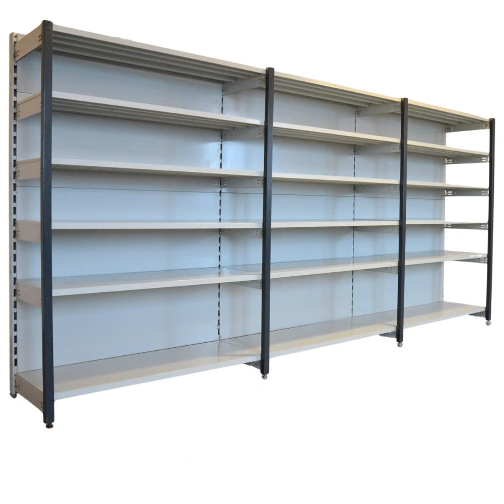 Regál jednostranný kovový – 190 x 375 x 59 cm – 6 polic – se zády – barvený pozink – samonosný – vysoká nosnost – Linde
