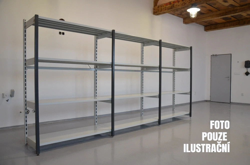 Regál jednostranný kovový – 190 x 500 x 59 cm – 4 police – bez zad – barvený pozink – samonosný – vysoká nosnost – Linde