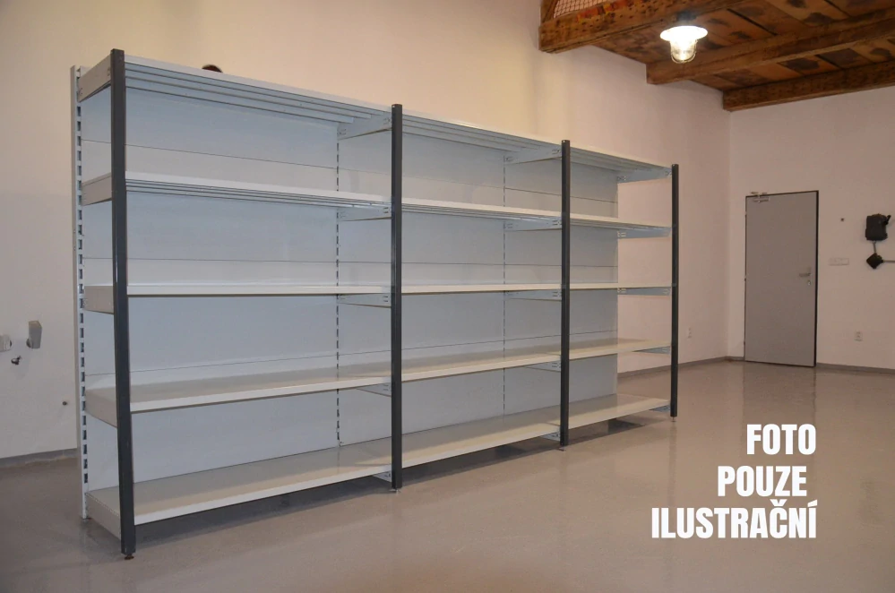 Regál jednostranný kovový – 190 x 750 x 59 cm – 5 polic – se zády – barvený pozink – samonosný – vysoká nosnost – Linde