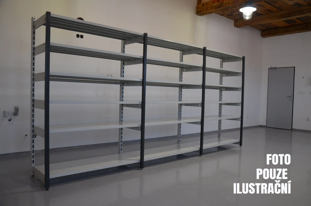 Regál jednostranný kovový – 190 x 750 x 59 cm – 6 polic – bez zad – barvený pozink – samonosný – vysoká nosnost – Linde