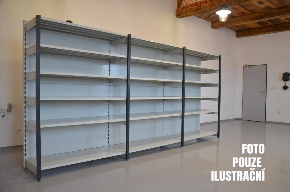 JRegál jednostranný kovový – 190 x 750 x 59 cm – 6 polic – se zády – barvený pozink – samonosný – vysoká nosnost – Linde