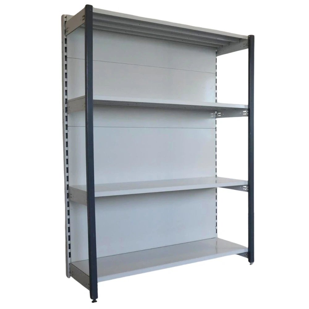 Regál jednostranný kovový – 190 x 125 x 59 cm – 4 police –se zády – barvený pozink – samonosný – vysoká nosnost – Linde