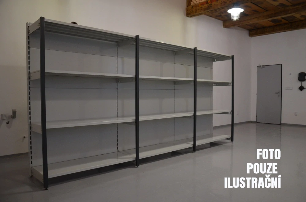 Regál jednostranný kovový – 190 x 875 x 59 cm – 4 police – se zády – barvený pozink – samonosný – vysoká nosnost – Linde