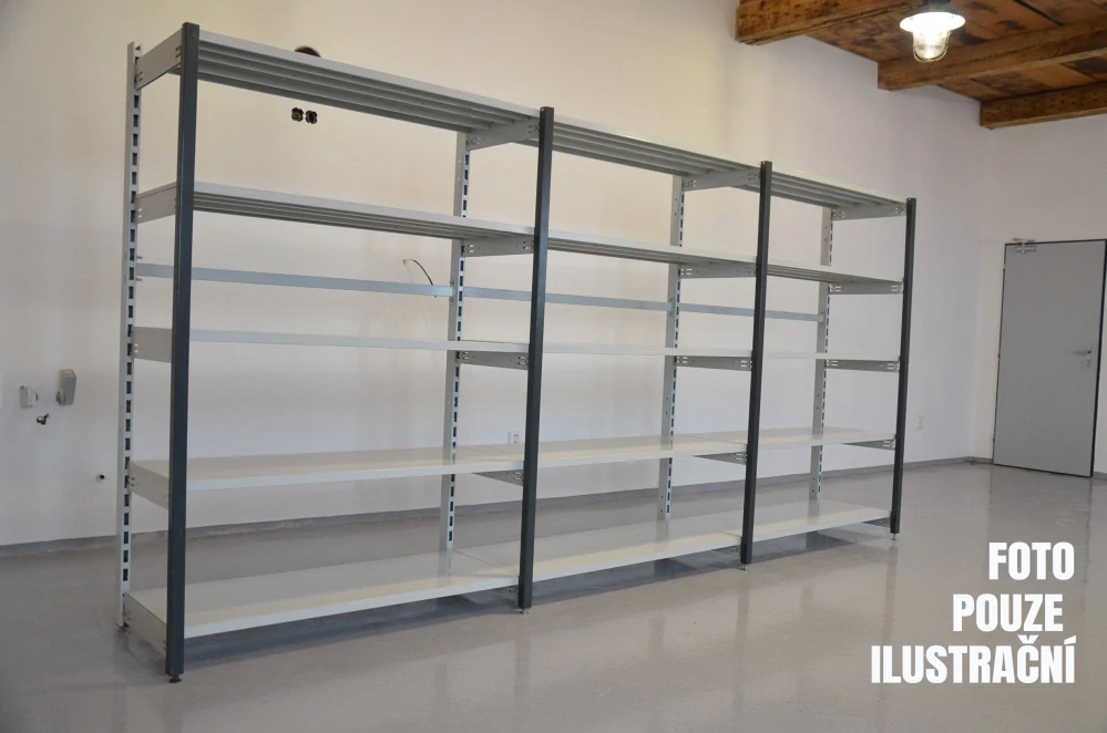 Regál jednostranný kovový – 190 x 875 x 59 cm – 5 polic – bez zad – barvený pozink – samonosný – vysoká nosnost – Linde