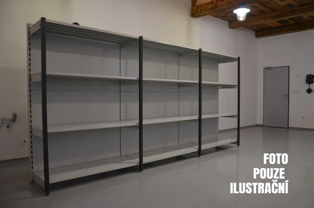 Regál jednostranný kovový – 190 x 1250 x 59 cm – 4 police – se zády – barvený pozink – samonosný – vysoká nosnost – Linde
