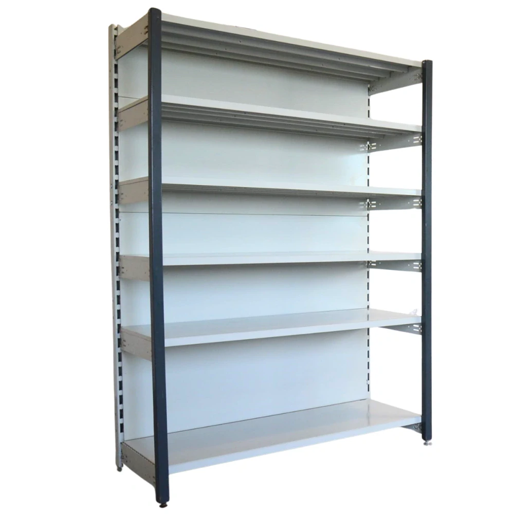 Regál jednostranný kovový – 190 x 125 x 59 cm – 6 polic – bez zad – barvený pozink – samonosný – vysoká nosnost – Linde