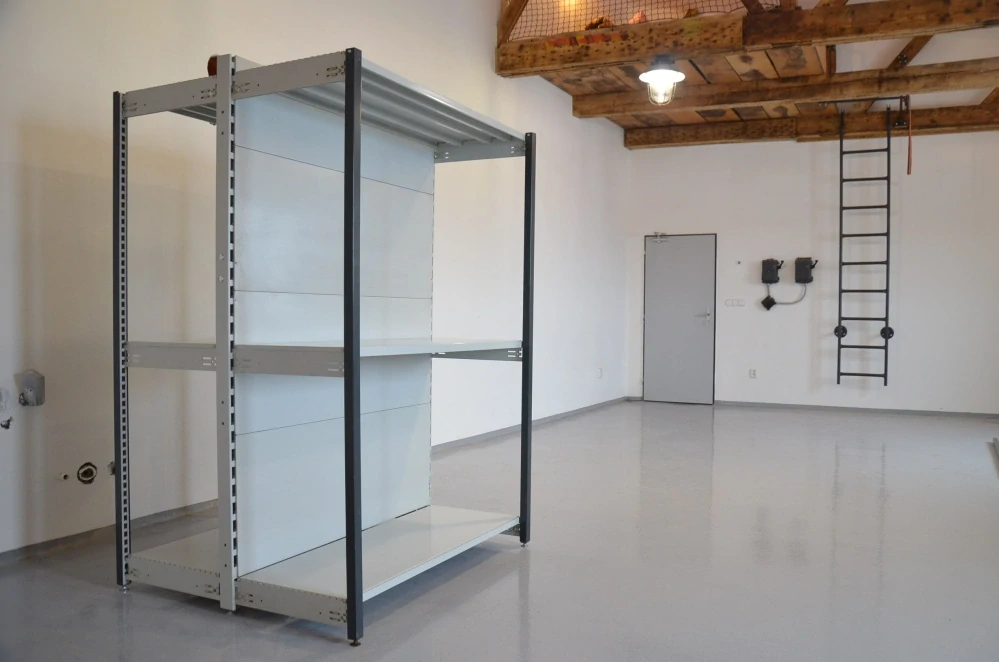 Regál oboustranný kovový – 190 x 125 x 105 cm – 3 police – se zády – barvený pozink – samonosný – vysoká nosnost – Linde