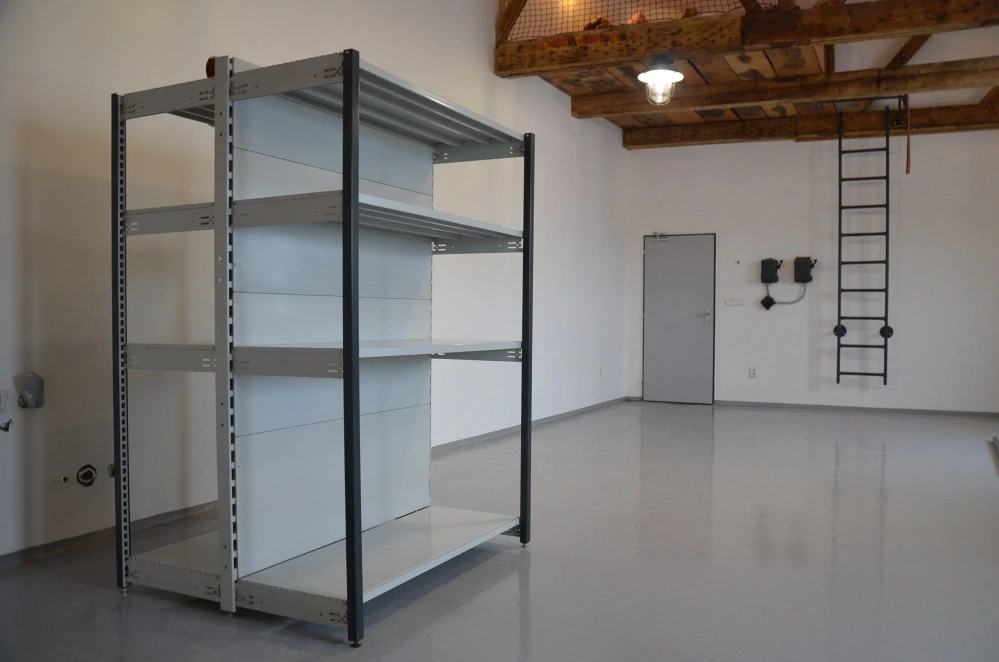 Regál oboustranný kovový – 190 x 125 x 105 cm – 4 police – se zády – barvený pozink – samonosný – vysoká nosnost – Linde