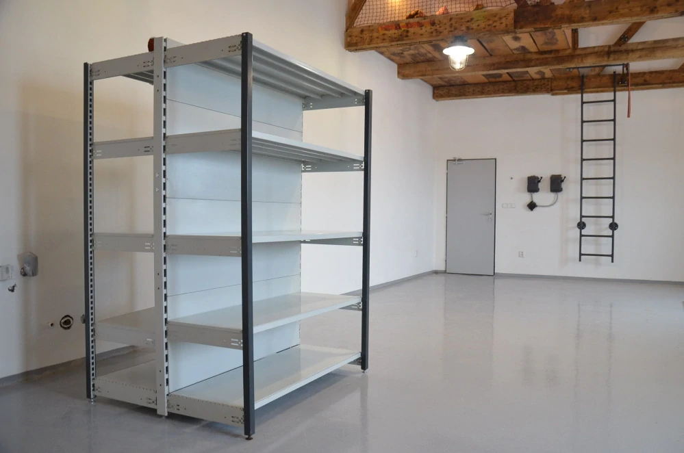 Regál oboustranný kovový – 190 x 125 x 105 cm – 5 polic – se zády – barvený pozink – samonosný – vysoká nosnost – Linde