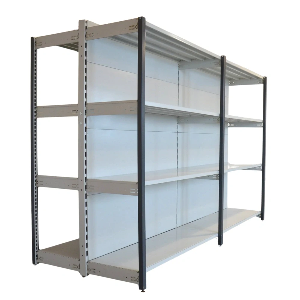 Regál oboustranný kovový – 190 x 250 x 105 cm – 4 police – se zády – barvený pozink – samonosný – vysoká nosnost – Linde