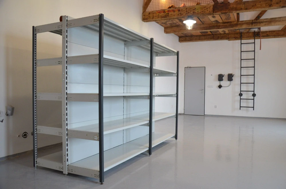 Regál oboustranný kovový – 190 x 250 x 105 cm – 5 polic – se zády – barvený pozink – samonosný – vysoká nosnost – Linde