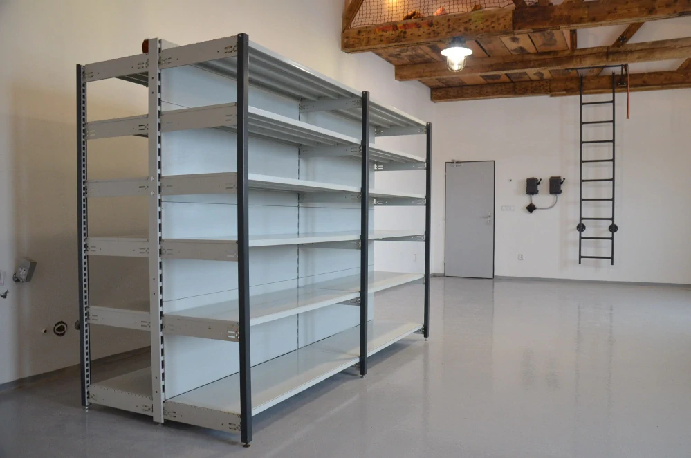 Regál oboustranný kovový – 190 x 250 x 105 cm – 6 polic – se zády – barvený pozink – samonosný – vysoká nosnost – Linde