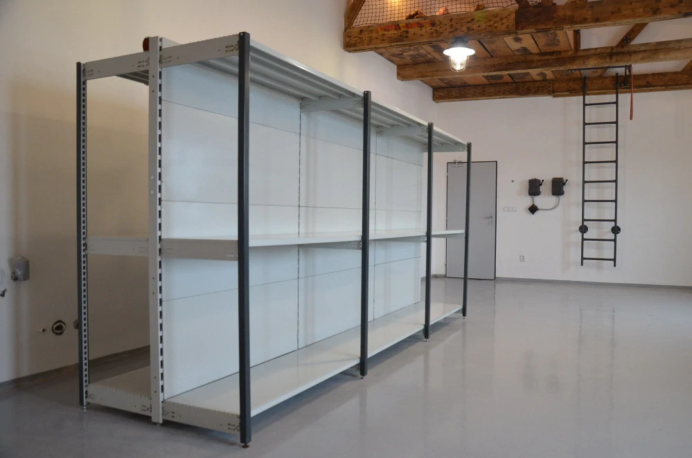 Regál oboustranný kovový – 190 x 375 x 105 cm – 3 police – se zády – barvený pozink – samonosný – vysoká nosnost – Linde