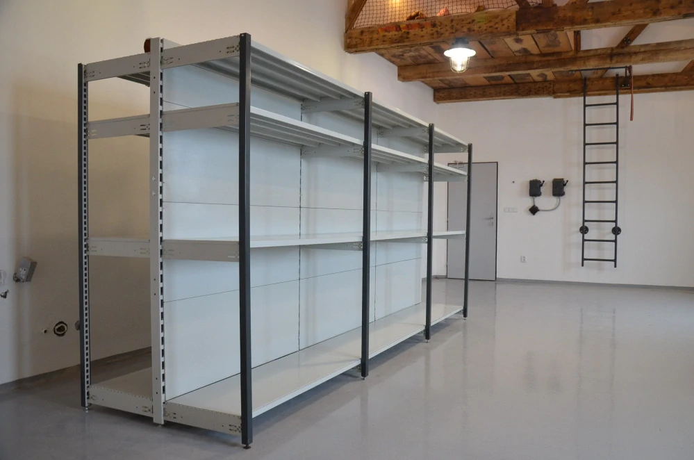 Regál oboustranný kovový – 190 x 375 x 105 cm – 4 police – se zády – barvený pozink – samonosný – vysoká nosnost – Linde