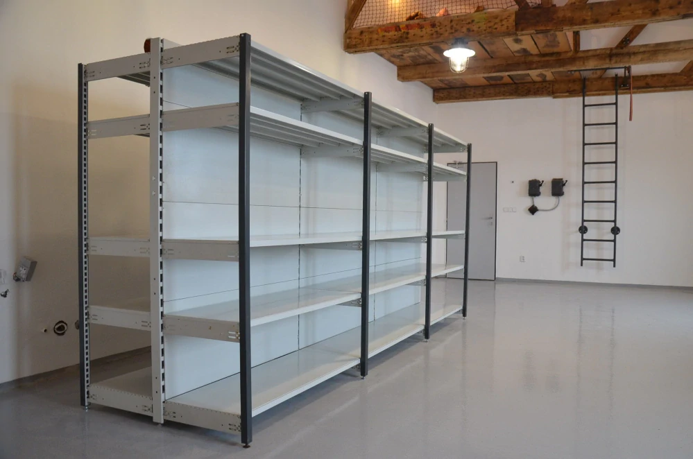 Regál oboustranný kovový – 190 x 375 x 105 cm – 5 polic – se zády – barvený pozink – samonosný – vysoká nosnost – Linde