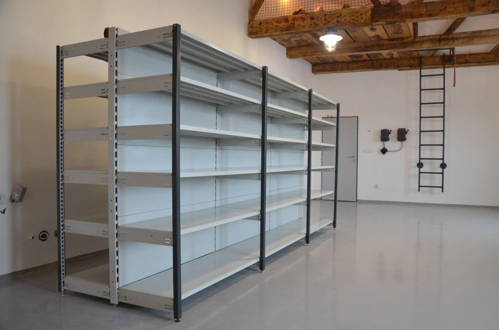 Regál oboustranný kovový – 190 x 375 x 105 cm – 6 polic – se zády – barvený pozink – samonosný – vysoká nosnost – Linde