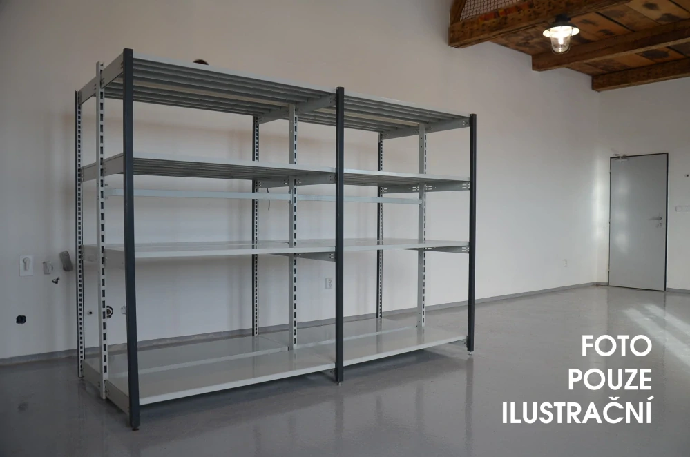 Regál oboustranný kovový – 190 x 500 x 105 cm – 4 police – bez zad – barvený pozink – samonosný – vysoká nosnost – Linde