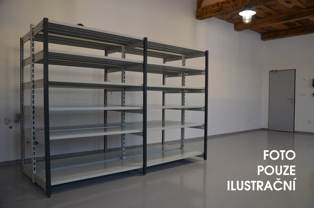 Regál oboustranný kovový – 190 x 500 x 105 cm – 6 polic – bez zad – barvený pozink – samonosný – vysoká nosnost – Linde
