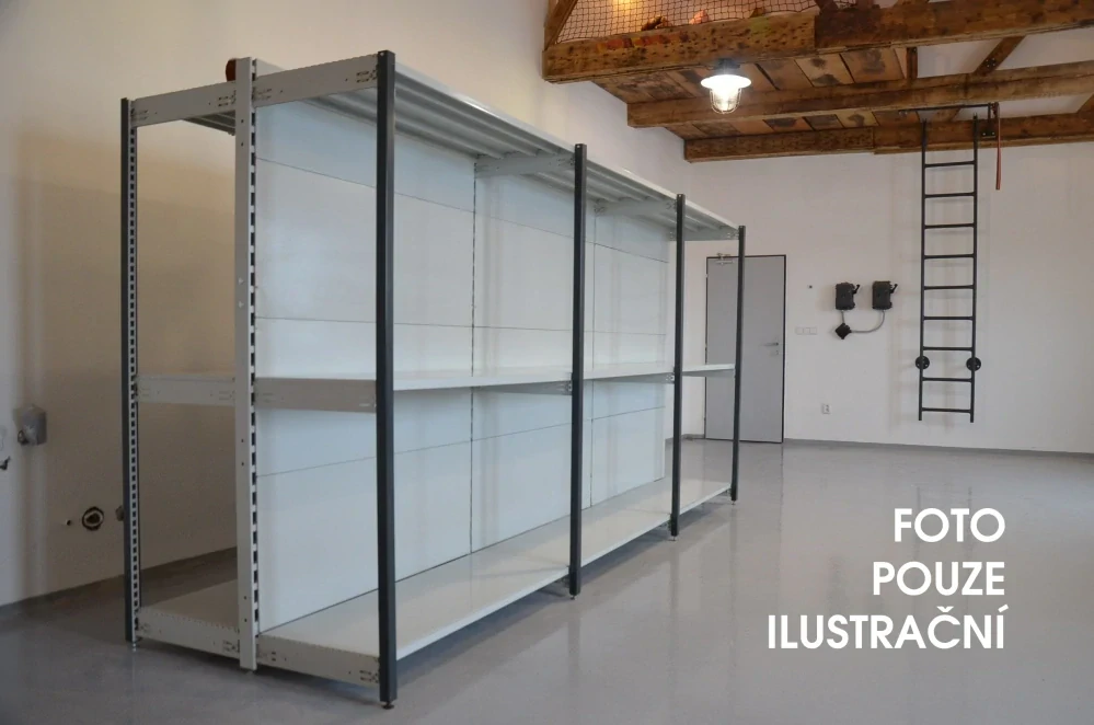 Regál oboustranný kovový – 190 x 1125 x 105 cm – 3 police – se zády – barvený pozink – samonosný – vysoká nosnost – Linde