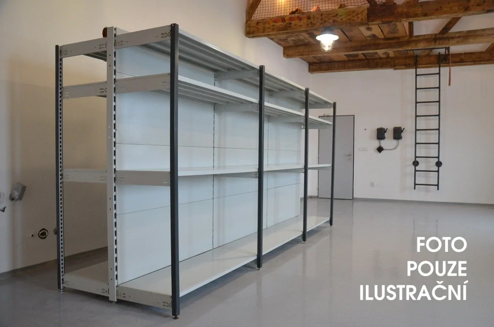 Regál oboustranný kovový – 190 x 1500 x 105 cm – 4 police – se zády – barvený pozink – samonosný – vysoká nosnost – Linde