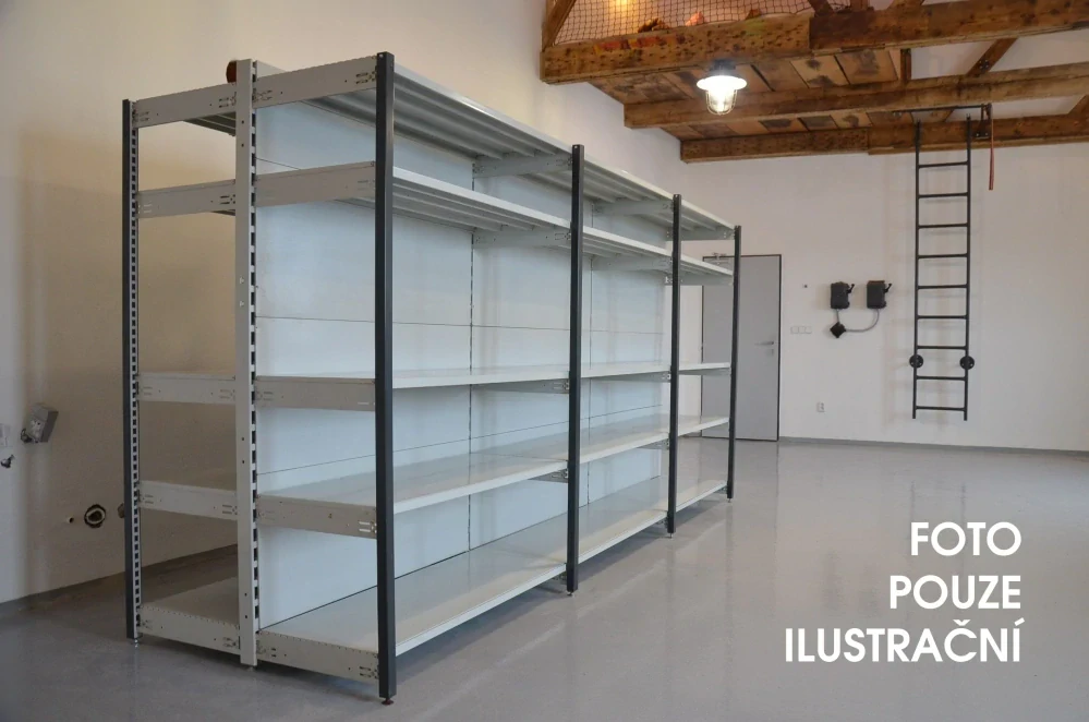 Regál oboustranný kovový – 190 x 1625 x 105 cm – 5 polic – se zády – barvený pozink – samonosný – vysoká nosnost – Linde