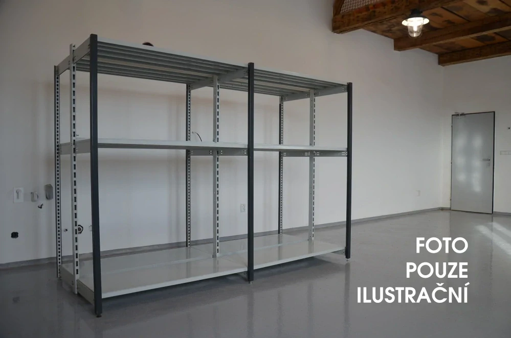 Regál oboustranný kovový – 190 x 1875 x 105 cm – 3 police – bez zad – barvený pozink – samonosný – vysoká nosnost – Linde